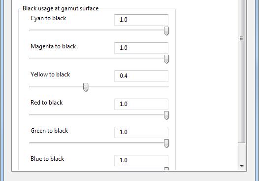 Advanced black controls Black usage at gamut surface Typically setting the control to 1 will