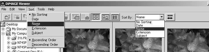 SORTING IMAGE FILES Image files can be sorted by name, date, extension, or subject line in ascending or descending order. This function works with the thumbnail, icon, or list displays (p. 16).