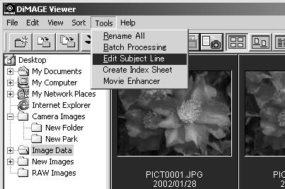 Click OK to save the setup. EDITING THE SUBJECT LINE Cameras like the DiMAGE A1 can attach text to an image s Exif data.