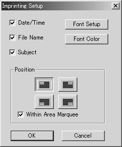 Click the appropriate button to select the corner to imprint the data. If the within-area-marquee check box is selected, the data will appear inside the area marquee in the position selected.