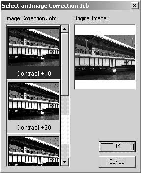 menu to load a saved image-correction setting. Click on an image-correction Job thumbnail to select it.