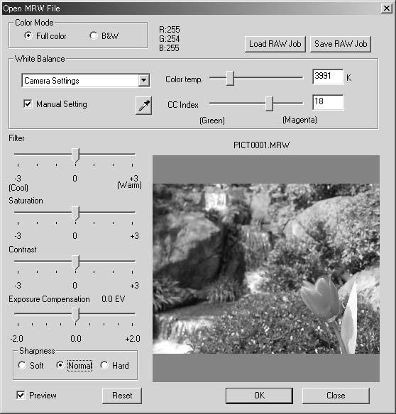 PROCESSING RAW IMAGES Certain digital cameras, such as the DiMAGE 7Hi, A1, and A2, use a special file format called RAW. This file can only be read and processed by the DiMAGE Viewer software.
