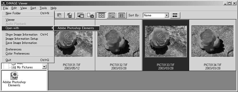 The create-application-link function links another image-processing application to the DiMAGE Viewer. When the link is made, the application icon is displayed in the thumbnail window.