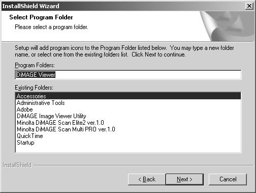 To install the software in the default location - F:\Program Files\DiMAGE Viewer, click Next >.