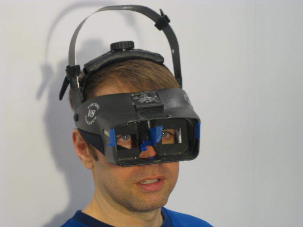 Figure 4.2: The modified V8 HMD,with display elements removed so that subjects could see through the casing to the world-fixed display.