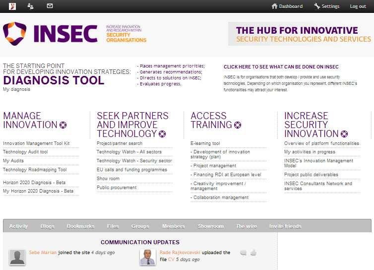 Figure 1 INSEC Platform welcoming page Figure 2 INSEC Platform dashboard 1) Innovation Maturity assessment tool: By filling a questionnaire (30 questions), the