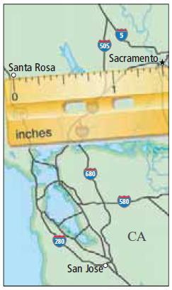2. The scale of the map is 1 in. : 44mi. About how far from Sacramento is Santa Rosa? Show your work: 1. Measure the map distance: 2. Write a proportion: 3. Write cross products: 4.