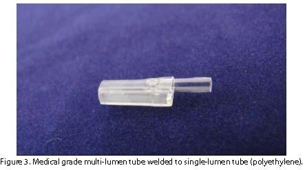 Page:5 of 5 A medical grade multi-lumen tube welded to a single lumen tube (polyethylene) is shown in Figure 3. 5. Conclusions Plastics commonly used in medical device manufacturing have been shown to be weldable using a QPC BrightLock Ultra-500 diode laser operating at 1908 nm wavelength.