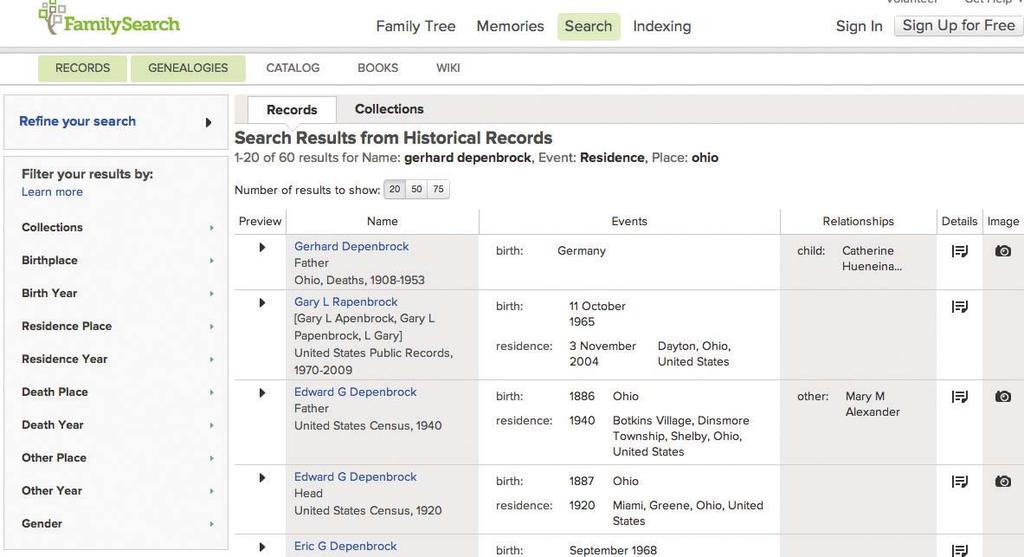 FAMILYSEARCH.ORG QUICK GUIDE FAMILYSEARCH.ORG SEARCH RESULTS Filters let you view results by collection, birthplace, etc. Click Refine your search to edit your search terms.