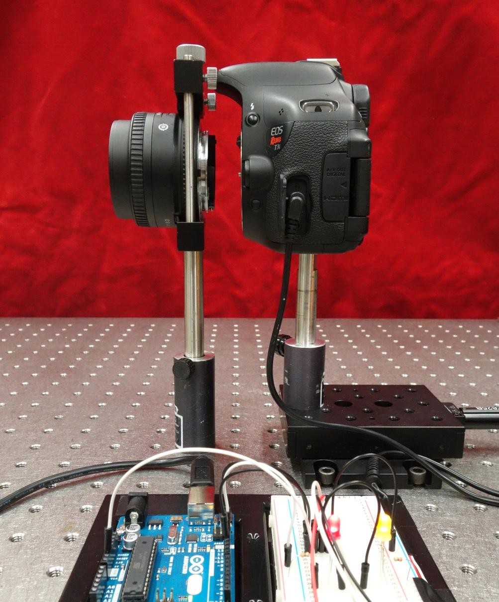 SLR Camera Focal Sweep Camera Lens Remote Controller Linear Stage Arduino (a) Focal sweep camera. (b) Experimental setup.