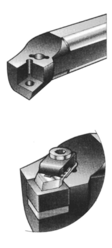 POCKET FOR INSERT TOOL SHANK FIGURE 16 Inserts are usually mounted on seats that fit within pockets in the end of the toolholder. (Courtesy of Sandvik Coromant Company) INSERT SEAT Pin-lock clamping.