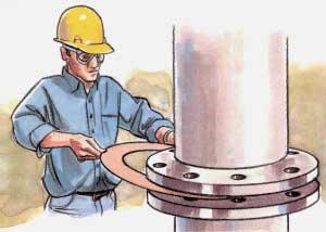 Install gasket! Ensure gasket is the specified size and material! Examine the gasket to ensure it is free of defects! Carefully insert the gasket between the flanges!