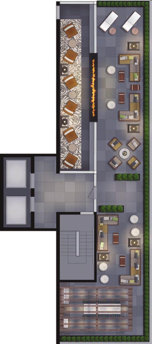 ROOFTOP TERRACE PLAN INDOOR LOUNGE DOUBLE SIDED FIREPLACE ELEVATOR FOYER