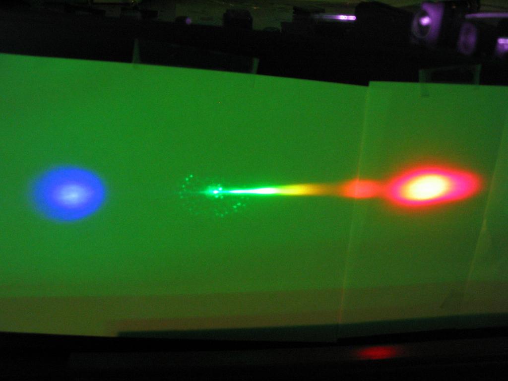 Fig. 6.4 depicts the diffracted radiation emitted by the cobweb structure of fibre D. The output mode at the respective wavelengths was imaged using red, green and blue colour filters.