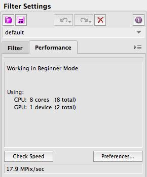 To measure the filter speed click Neat Image will run a test and will then display the measured processing speed based on the current filter settings (as shown in the text field in the Performance