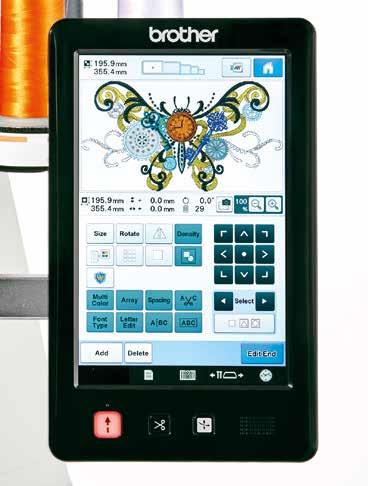 10.1 high-resolution IPS LCD touch screen Simply touch the large, clear wide-angle screen to: Edit on-screen embroidery Customise your settings Select any of the
