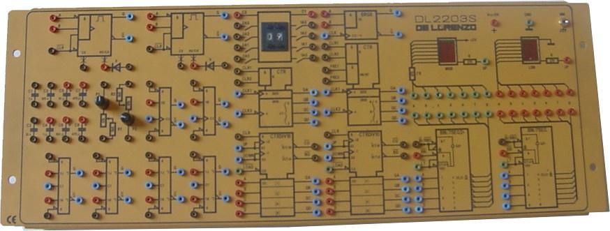 EX-OR (2-input) 6 inverters 2 AOI (2 and 3 input) 12 silicon diodes 8 resistances 1 dual-in-line 16-pin socket Power supply: 5Vdc, 3W Sequential Logic DL 2203S This board allows the study of the