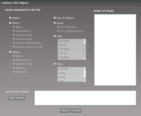 Select the information you want to import into Diamond Scheduler in the Items Included in CSV File section.