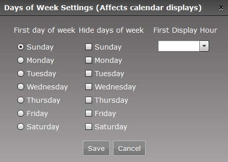 When you select Customize Week Settings, you re presented with the following window, which includes options for which day of the week the calendar views should begin on and which days of the week