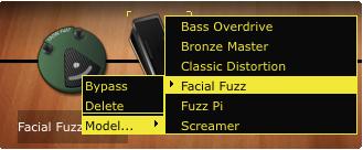 The model icon appears transparent when disabled. Enable/Disable Button Model Name Enabled Model Disabled Model TIP: When a Guitar or Bass amp model is disabled, its Cab and Mic model remain active.