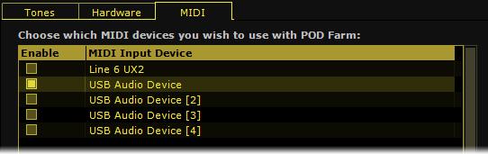Launch the POD Farm 2 Preferences dialog and go to the MIDI tab.