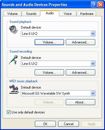 POD Farm 2 Advanced User Guide Using Your Line 6 Hardware Windows XP Sounds and Audio Devices settings for Default Device Sound Playback Default Device - Set this to be your Line 6 audio device if