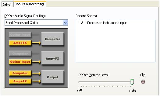 POD Farm 2 Advanced User Guide Driver Panel & Recording PODxt devices show one Record Send (Record 1-2).