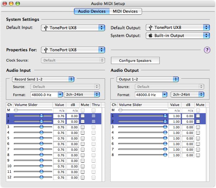 POD Farm 2 Advanced User Guide Driver Panel & Recording Mac OS X Audio-MIDI Settings Dialog (UX8 Only) 5a 5b 5c 5e 5d 5f 5a System Settings: The Default Input and Default Output options allow you to