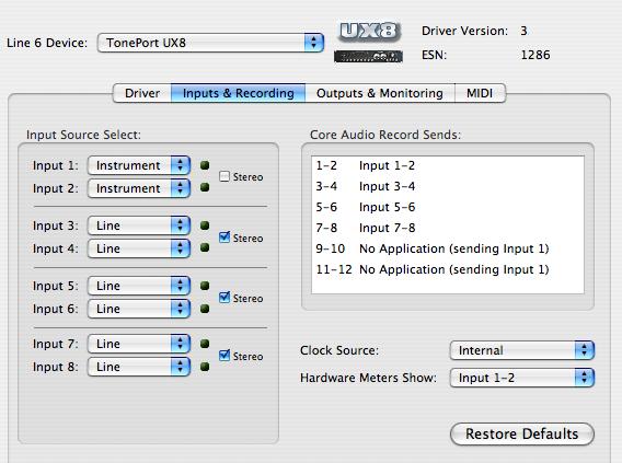 POD Farm 2 Advanced User Guide Driver Panel & Recording Line 6 Audio MIDI Settings Dialog - Inputs & Recording Tab (UX8 Only) 1 2 3 4 5 1 Input Source Select: UX8 offers 8 individual input sources,