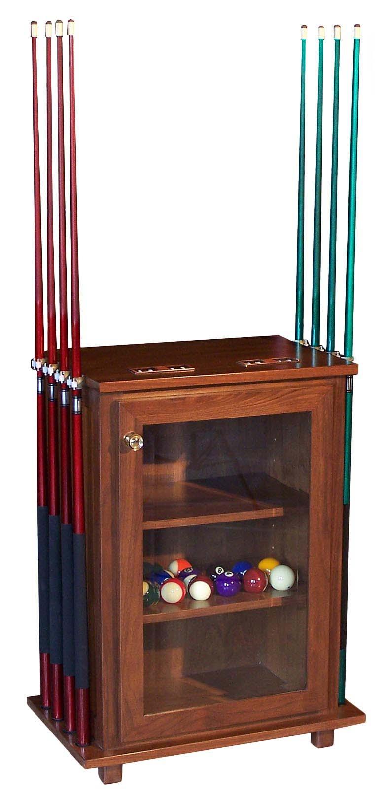 027 Accessories Cabinet This elegant cabinet adds beauty and convenience to your game room. Provides storage for balls and all your pool table supplies. Hinged glass door with antique hardware.