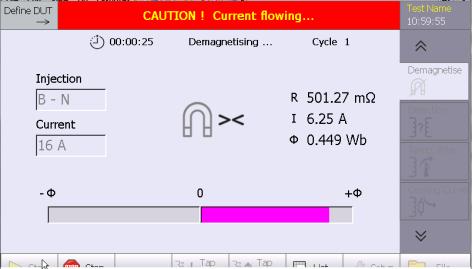 Select the winding where to perform the demagnetisation and press start the unit visualizes the whole demagnetisation cycle and performs the correct core demagnetisation in seconds.