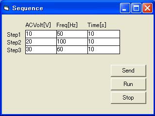 Sample Program 3 This program runs a sequence. It allows setting of the output voltage (in the AC mode), frequency, and time in steps 1 to 3.