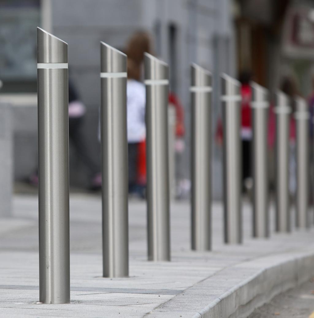 s23ss sloped bollard with reflective bands Right, s23 brushed stainless steel bollards with sloped top and reflective