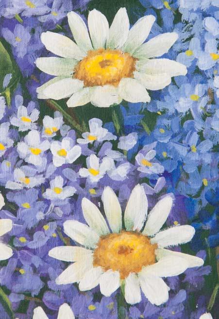 1. Using the pale green mix of Light Buttermilk + a touch of Hauser Medium, load the size 2 Round brush and stroke the petals around the center of all of the daisies.