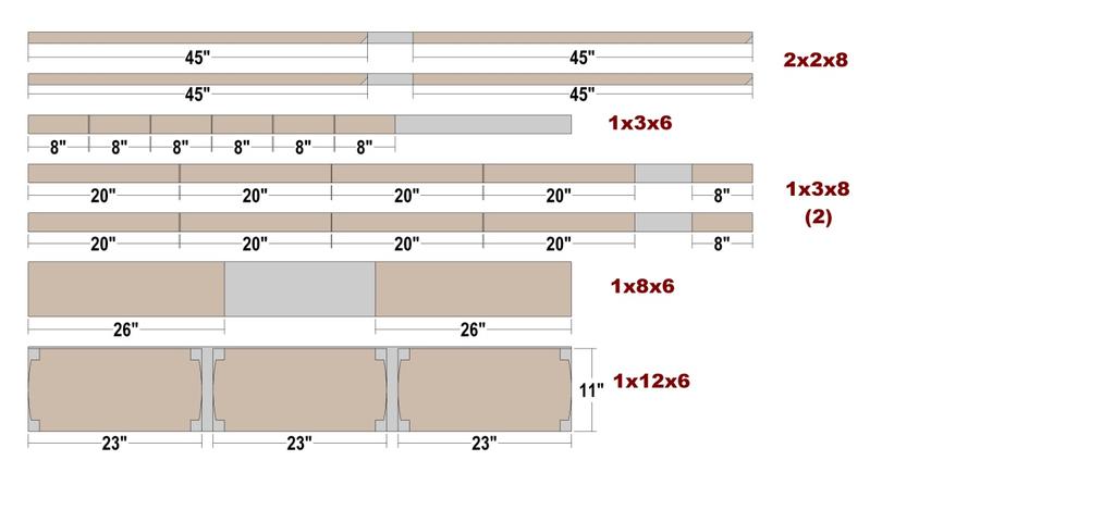 cutting DIAGRAM Parts Estimated lumber cost: $40-$45 (white pine) End Rails (8) - 3/4 x 2 1/2 x 8 Legs (4) - 1 1/2 x 1 1/2 x 45 Side Rails (8) - 3/4 x 2 1/2 x 20 Top