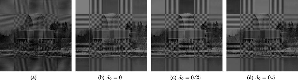 (a), (b), and (c) show demodulated watermark patterns for misregistration displacements d = 0, 0.25, and 0.5, respectively. Fig. 19.
