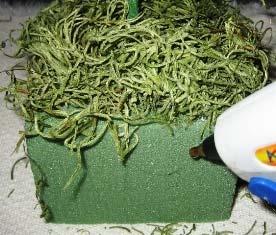 4. Use hot glue to attach the Spanish moss to the top and all four sides of the