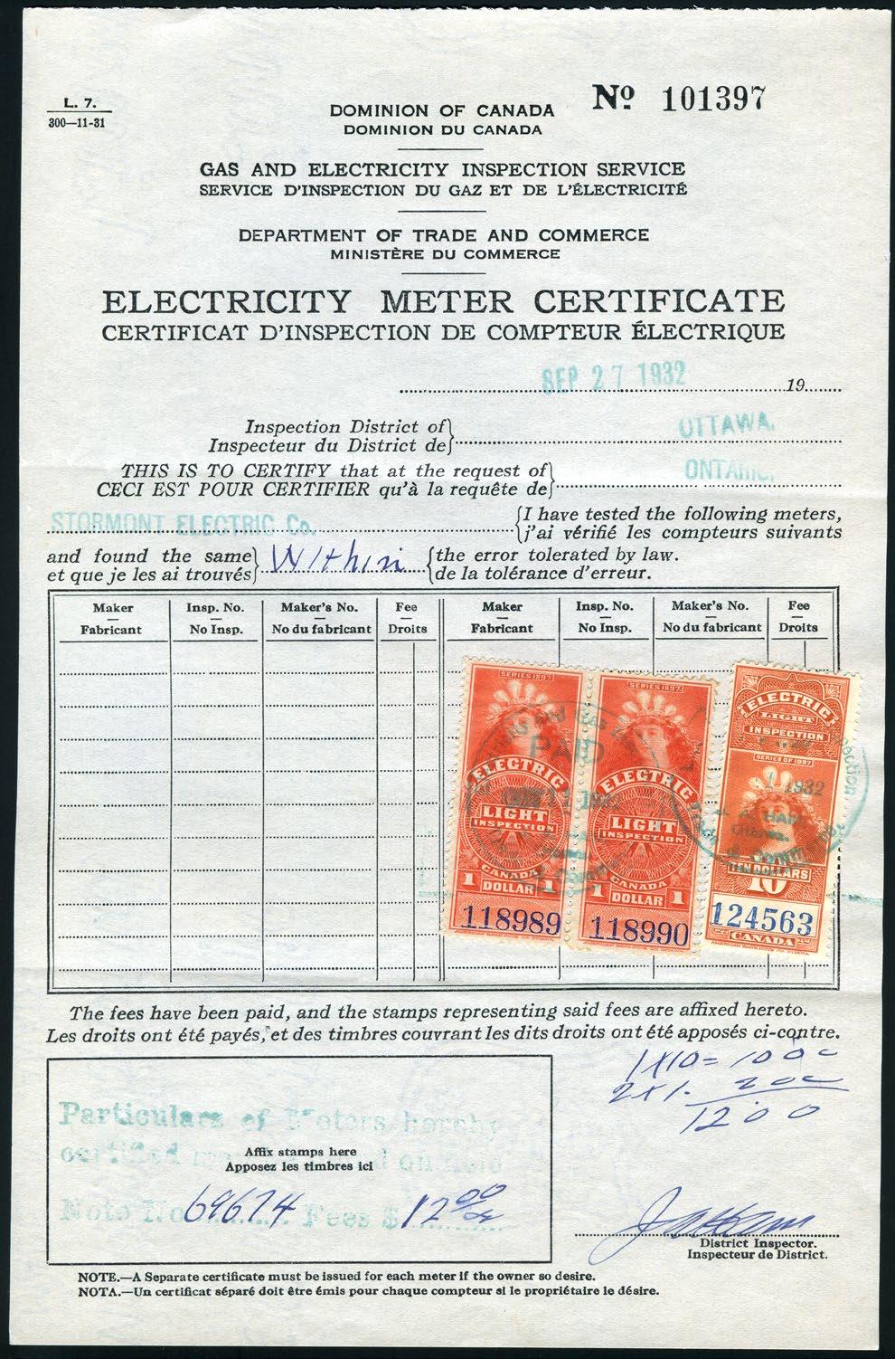 FE13a- $1 pair + FE17a-$10 on 1932 Electricity Meter Certifiicate, very clean IT29#13 - $25 SOLD E.S.J.