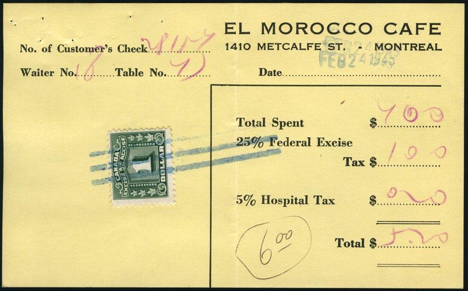 FX83 - $1 green Excise tax on very attractive 1945 receipt from a major Montreal night club.