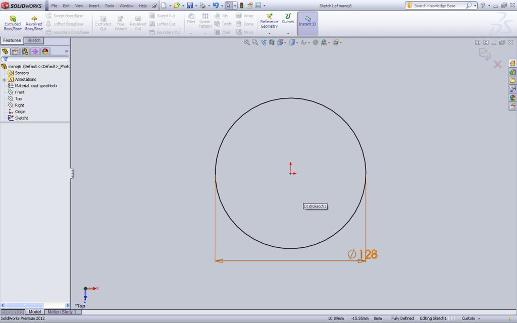 EXPERIMENT NO :-10 AIM: TO DRAW A 3D MODEL OF A GEAR STEP : 1 Open a new sketch on front plane STEP : 2 Take a circle of diameter 128mm. STEP : 3 Now go to freature >Extrude Boss > Extrude with 30mm.