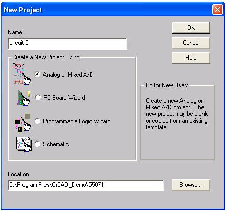 Figure 1 OrCAD Capture window 2. Create a new project by click on File \ New \ Project button. Fill in as follows.