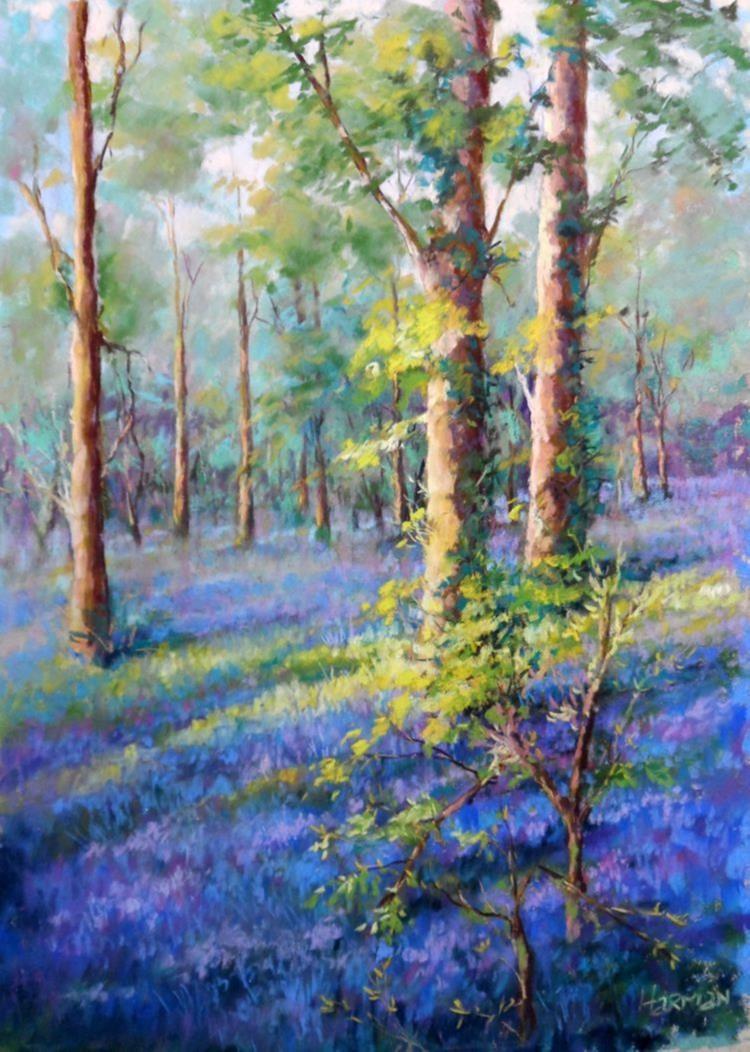 Bluebells at Alston Hall This painting full of the soft greens and blues of the bluebell woods in Summer