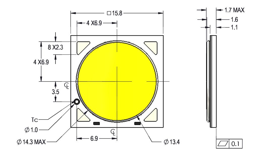 Mechanical Dimensions Figure 9: Drawing for V13 LED Array Notes for Figure 9: 1. Solder pads are labeled + and - to denote positive and negative polarity, respectively. 2.