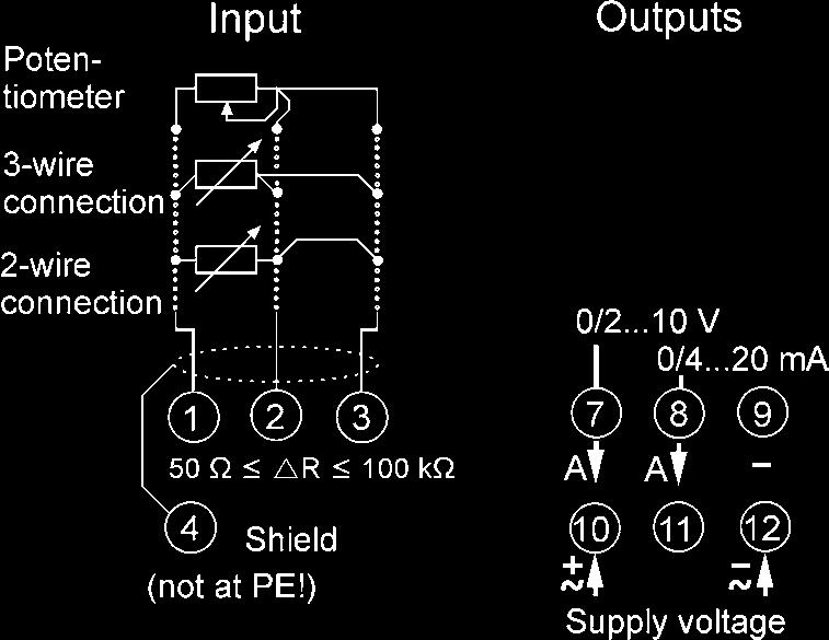 The linear output signal is generated between minimum and maximum input resistance. Power supply Supply voltage : 85..265 V AC or 10..30 V AC/DC Frequency : 47.