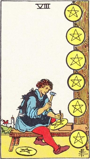 HIS present doubts/fears: 8 of Pentacles Industry, creativity, ability in