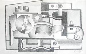 Drawing If you look carefully at this drawing, you will begin to see recognizable objects. This is a still life, a group of inanimate objects arranged together. What items do you recognize?