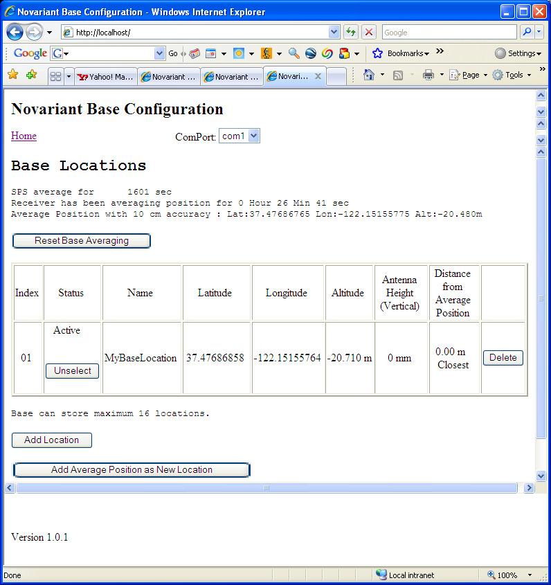 12. Click Add button to get this screen. See that location MyBaseLocation is stored in Base database and is marked as Active. Figure 10 13. Procedure is complete, disconnect the PC.