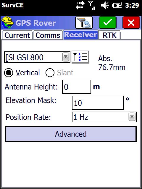 Receiver tab is used to set the antenna height and will automatically add the offset from ARP (Antenna Reference Point) to the Antenna phase centre.