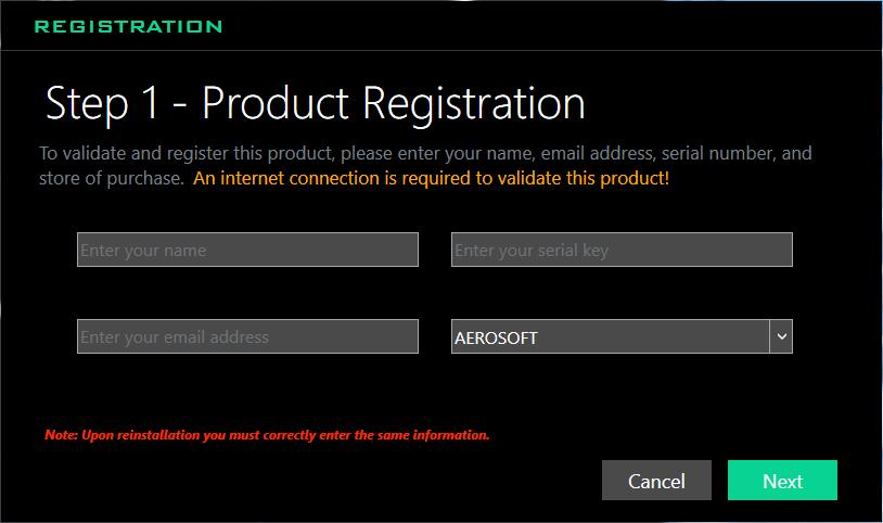 Startup, Registration and General Setup Procedures Figure 2.3 Registration Window Step 3 On first startup of Sky Force you will be required to register your product (Fig 2.3).