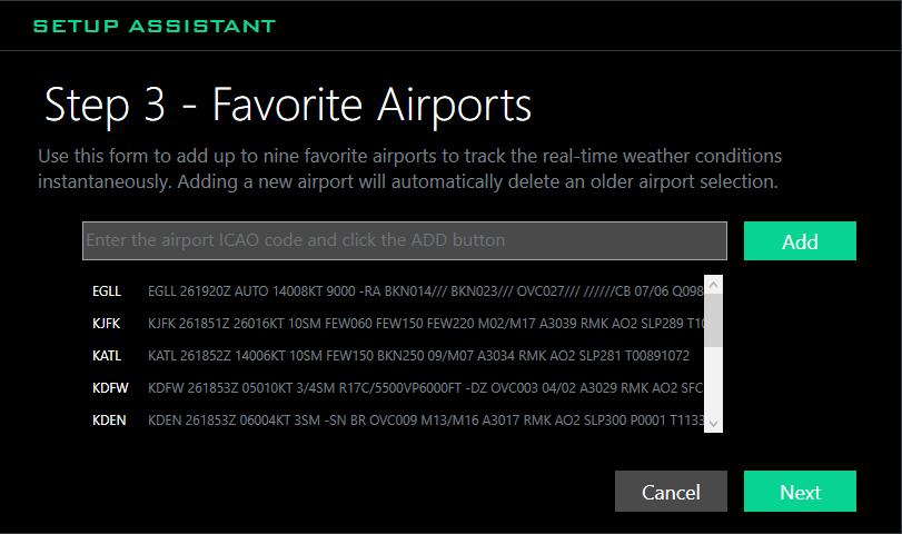 Startup, Registration and General Setup Procedures Figure 2.5 Favorite Airport Setup Window Step 5 (Optional) Enter an airport ICAO code to add to your Favorite Airports list for fast access (Fig 2.